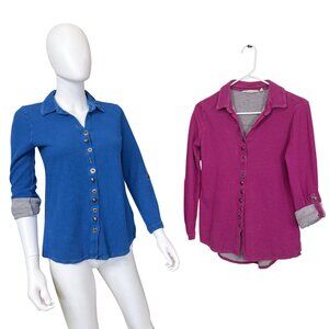 Soft Surroundings Womens XS Button-Up Waffle Knit Shirts Blue & Pink Cotton